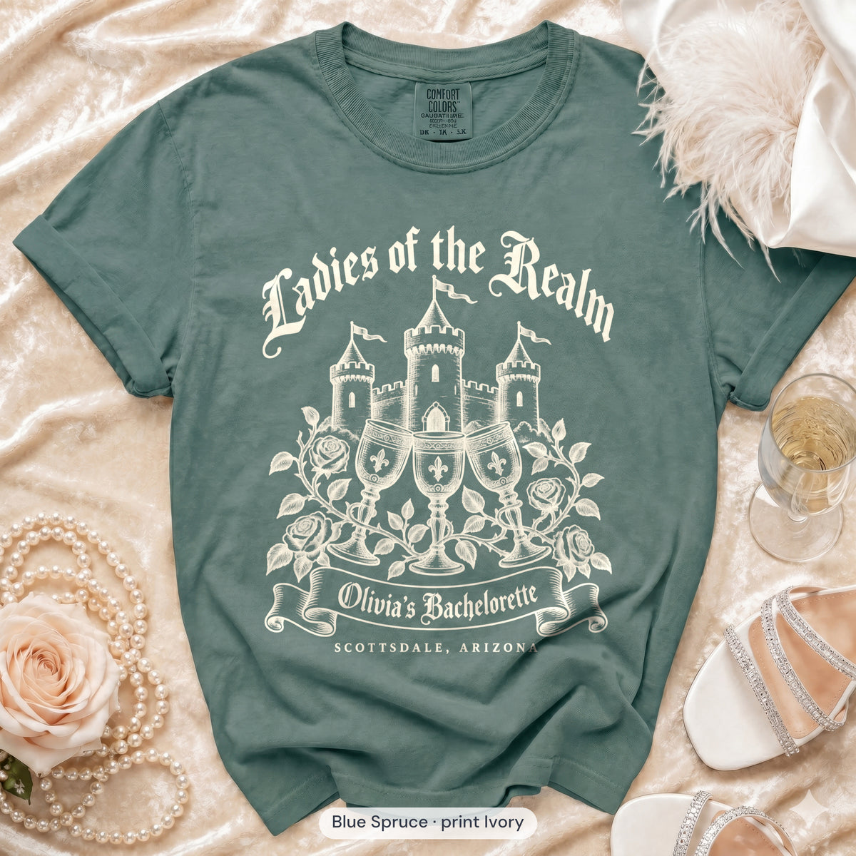 Blue Spruce Bride & Ladies Of The Realm bachelorette crew t-shirt, print in ivory