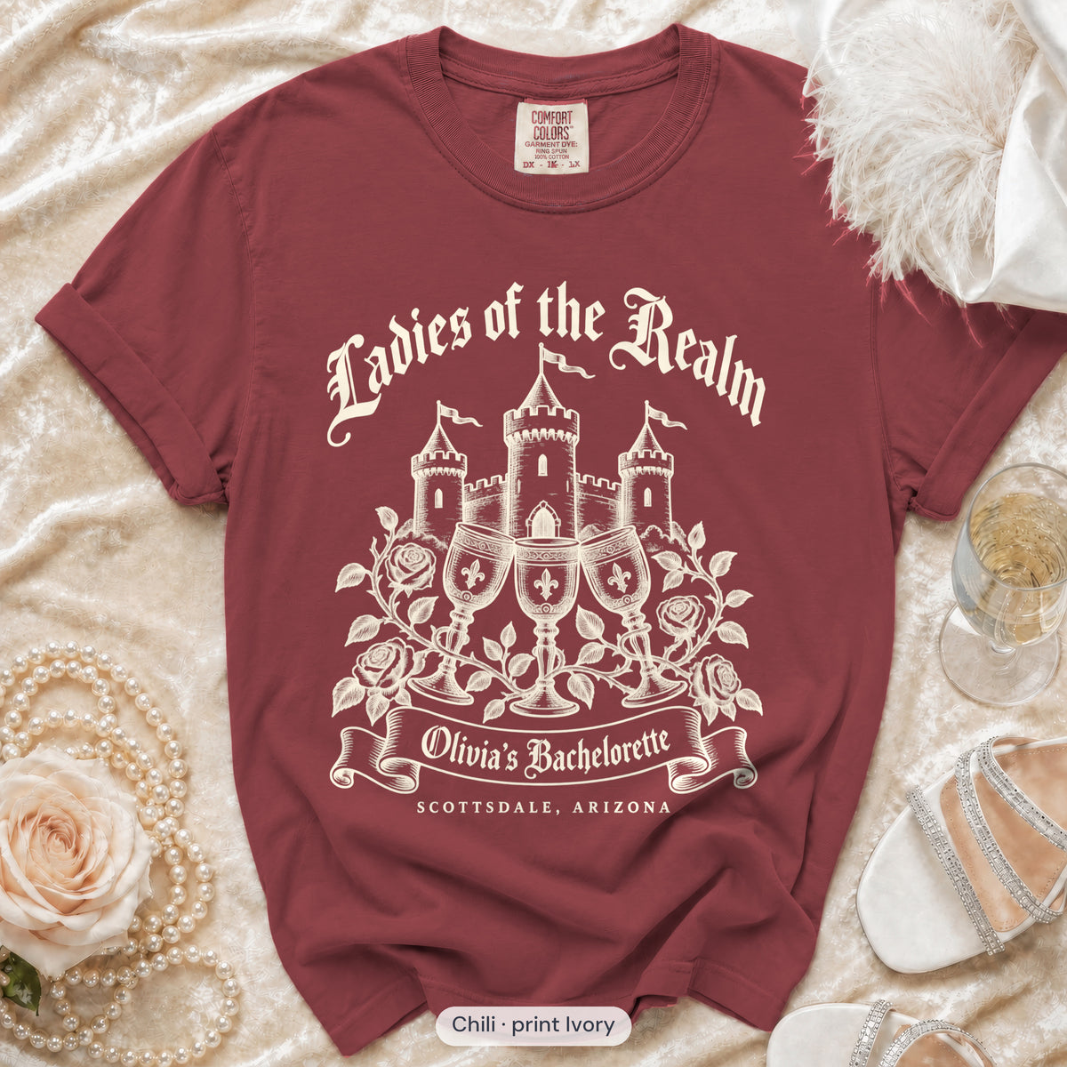Chili Bride & Ladies Of The Realm bachelorette crew t-shirt, print in ivory