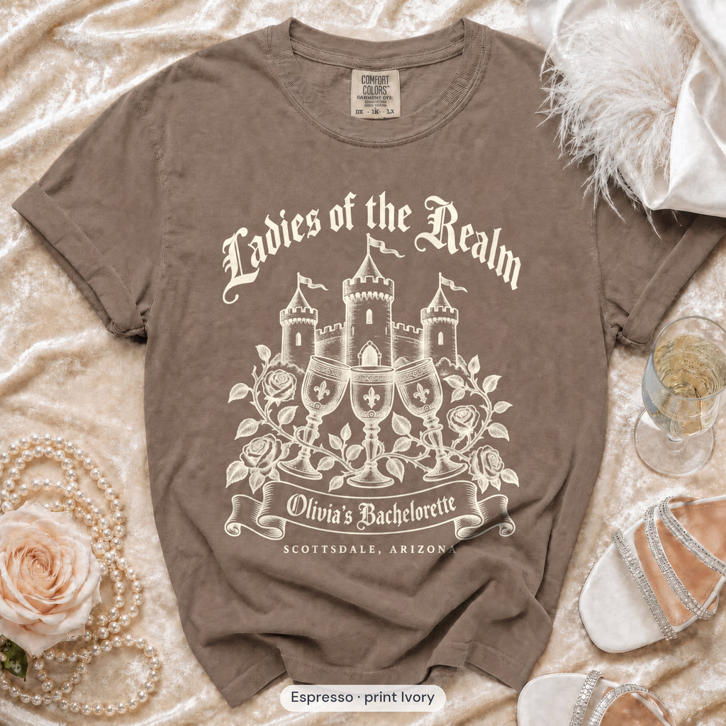 Espresso Bride & Ladies Of The Realm bachelorette crew t-shirt, print in ivory