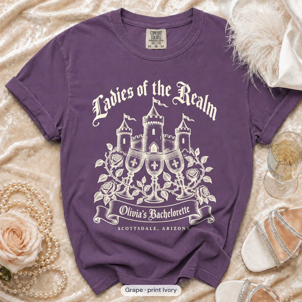 Grape Bride & Ladies Of The Realm bachelorette crew t-shirt, print in ivory