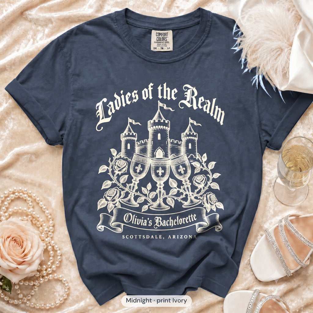 Midnight Bride & Ladies Of The Realm bachelorette crew t-shirt, print in ivory
