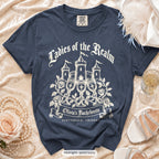 Midnight Bride & Ladies Of The Realm bachelorette crew t-shirt, print in ivory