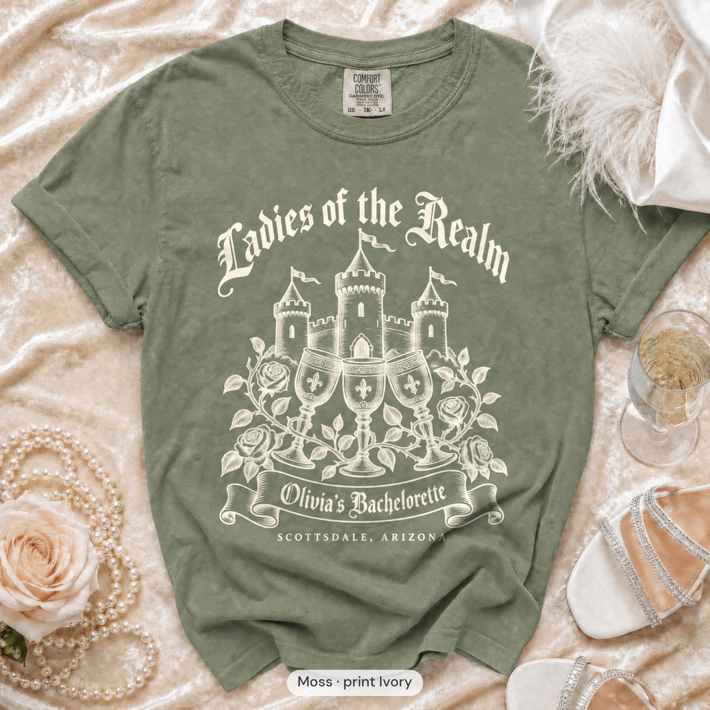 Moss Bride & Ladies Of The Realm bachelorette crew t-shirt, print in ivory