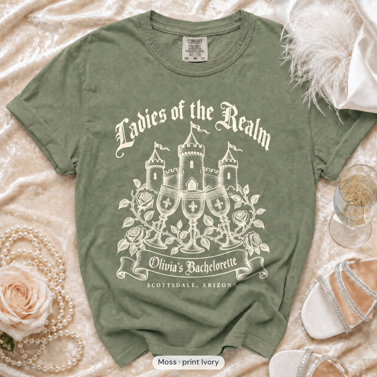 Moss Bride & Ladies Of The Realm bachelorette crew t-shirt, print in ivory