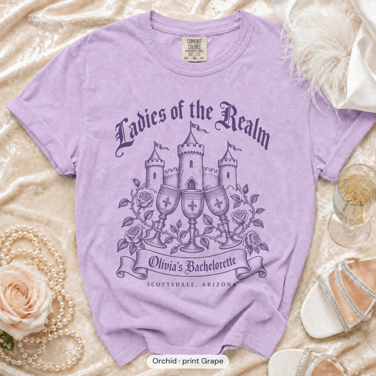 Orchid Bride & Ladies Of The Realm bachelorette crew t-shirt, print in grape