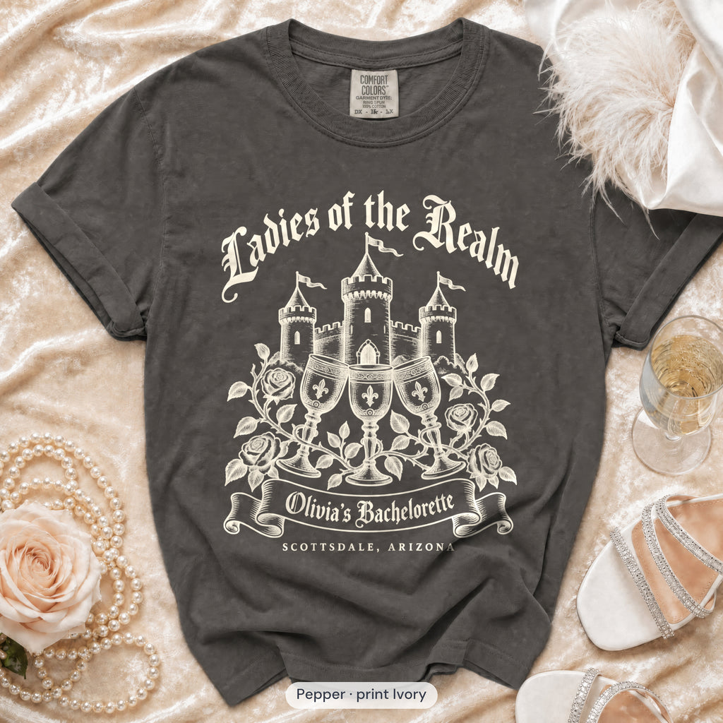 Pepper Bride & Ladies Of The Realm bachelorette crew t-shirt, print in ivory