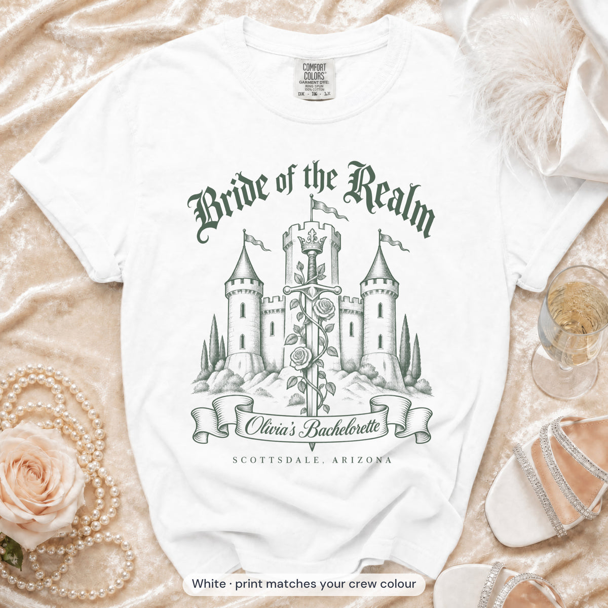White Bride & Ladies Of The Realm bride t-shirt, print matches your crew colour