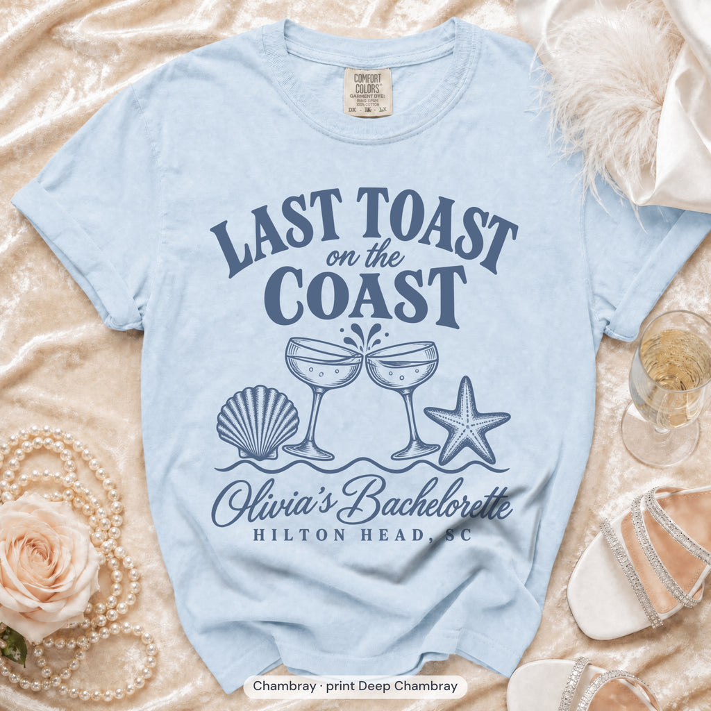 Chambray Last Toast on the Coast bachelorette t-shirt, print in deep chambray