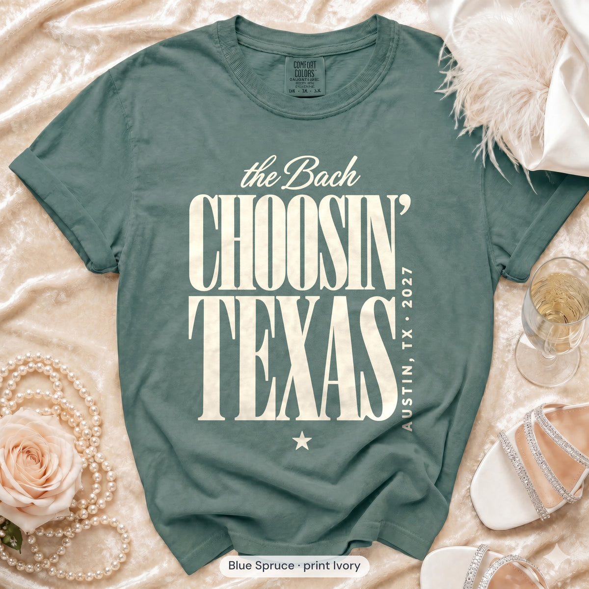 Blue Spruce Choosin' Texas bachelorette crew t-shirt, print in ivory