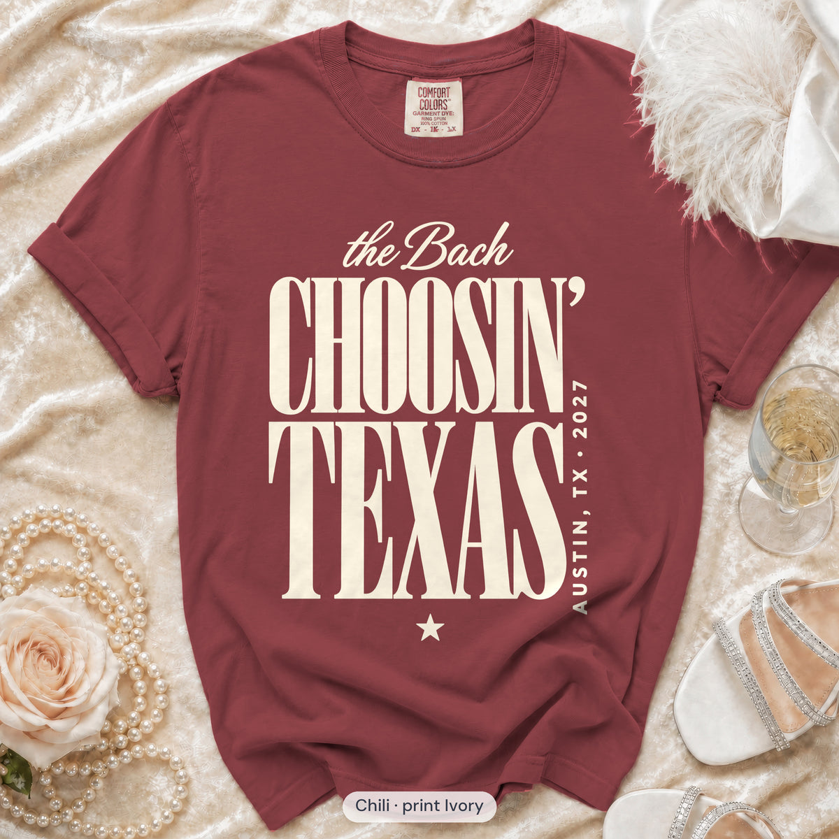 Chili Choosin' Texas bachelorette crew t-shirt, print in ivory