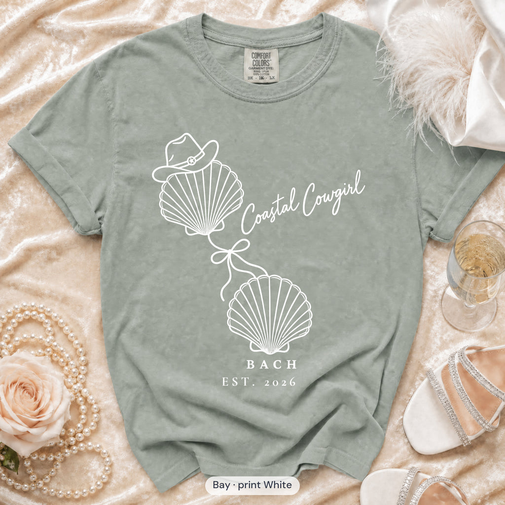 Bay Coastal Cowgirl bachelorette crew t-shirt, print in white