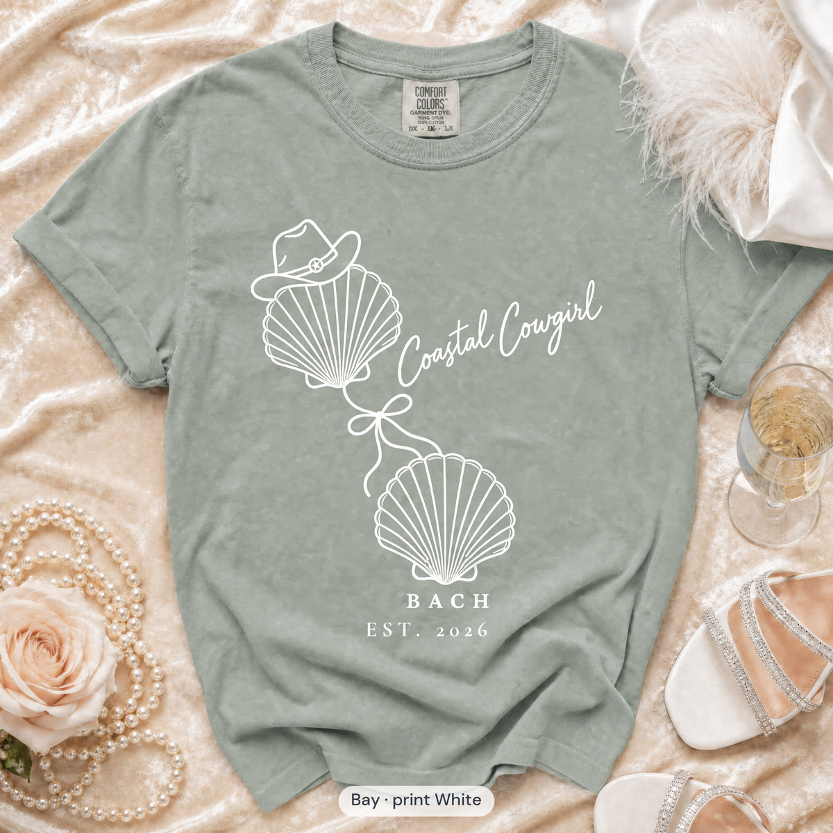 Bay Coastal Cowgirl bachelorette crew t-shirt, print in white