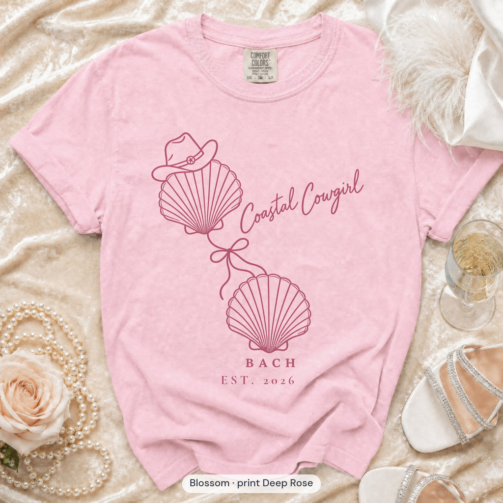 Blossom Coastal Cowgirl bachelorette crew t-shirt, print in deep rose