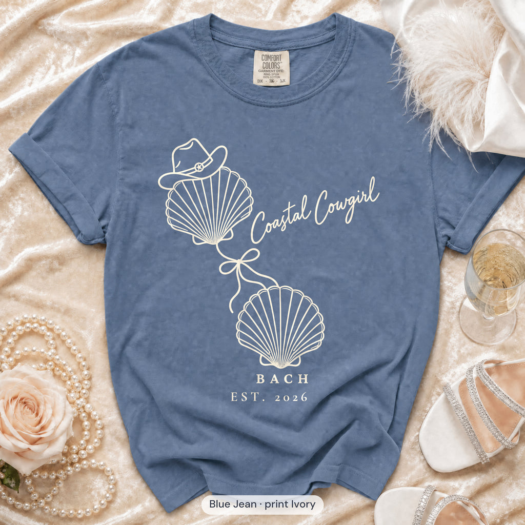Blue Jean Coastal Cowgirl bachelorette crew t-shirt, print in ivory