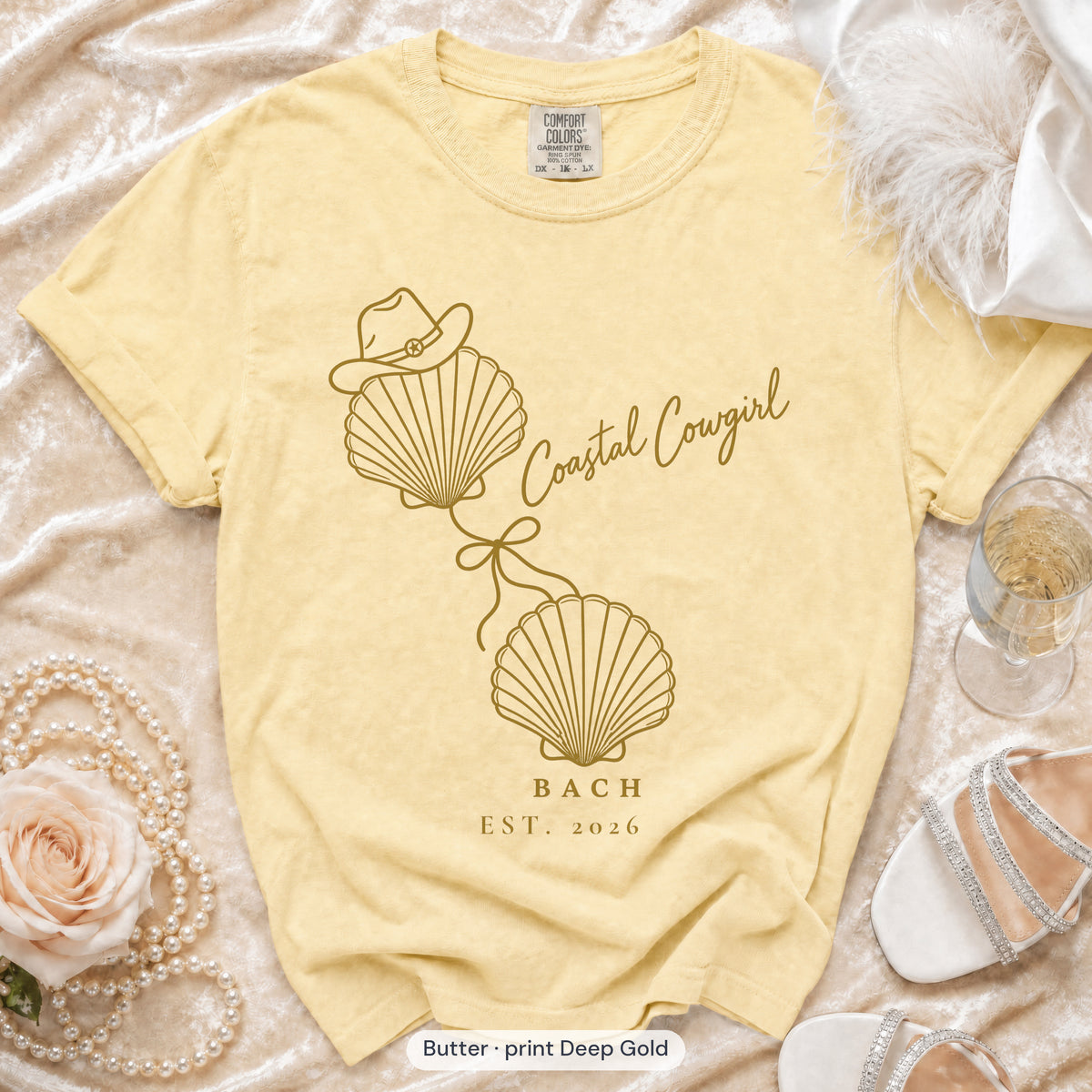 Butter Coastal Cowgirl bachelorette crew t-shirt, print in deep gold