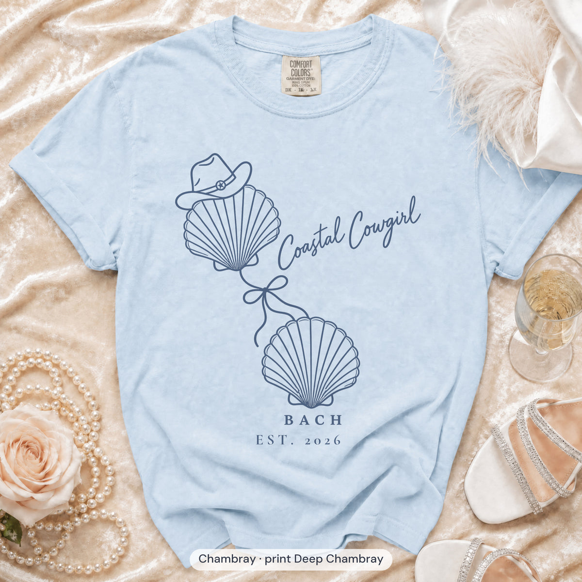 Chambray Coastal Cowgirl bachelorette crew t-shirt, print in deep chambray