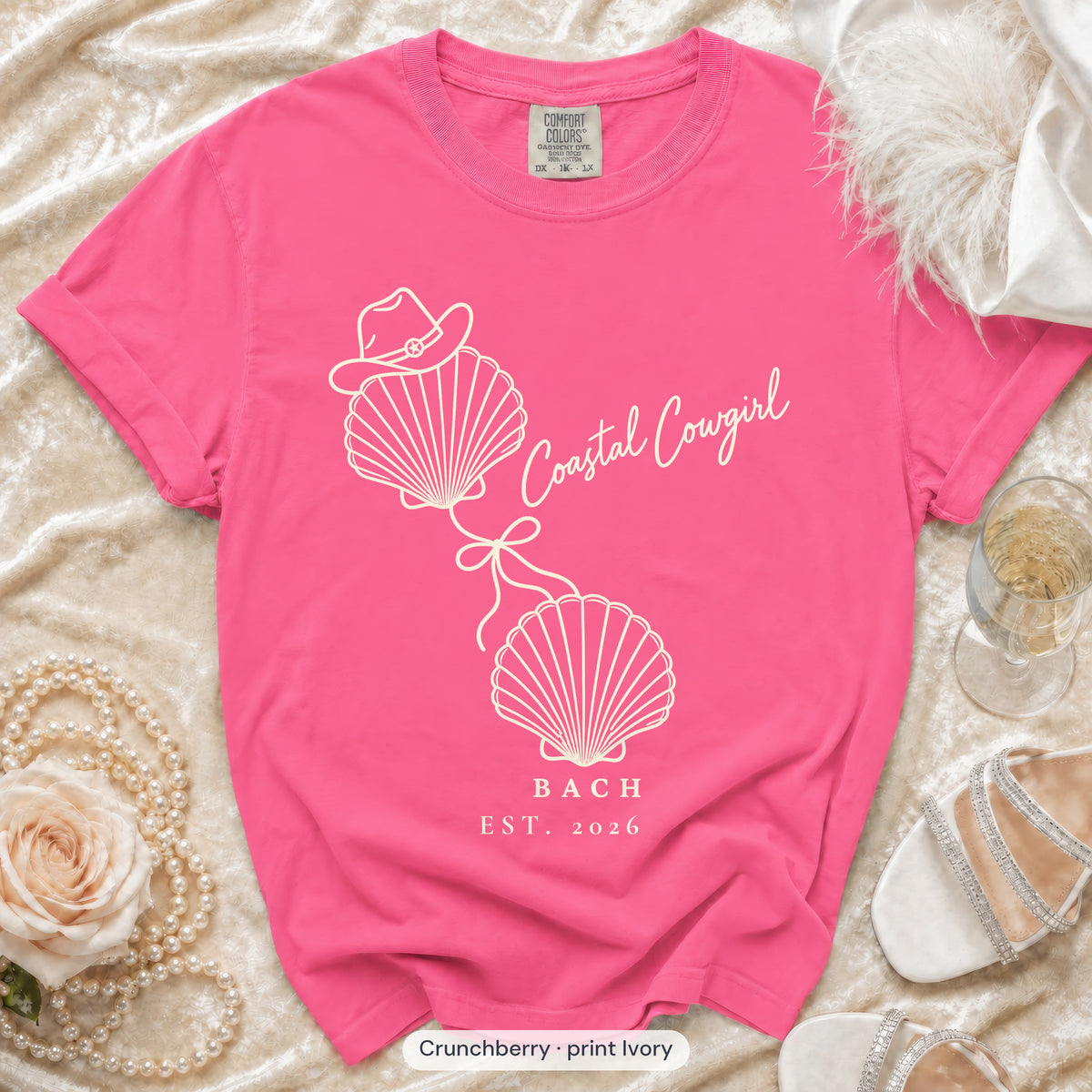 Crunchberry Coastal Cowgirl bachelorette crew t-shirt, print in ivory