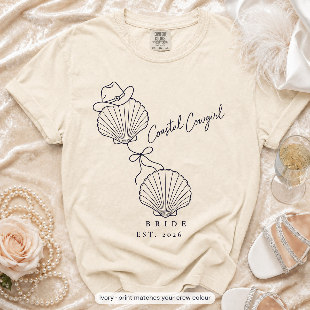 Ivory Coastal Cowgirl bride t-shirt, print matches your crew colour