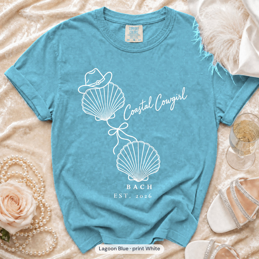 Lagoon Blue Coastal Cowgirl bachelorette crew t-shirt, print in white