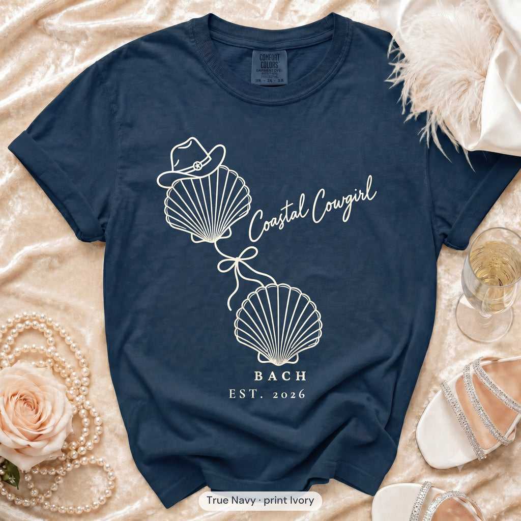 True Navy Coastal Cowgirl bachelorette crew t-shirt, print in ivory