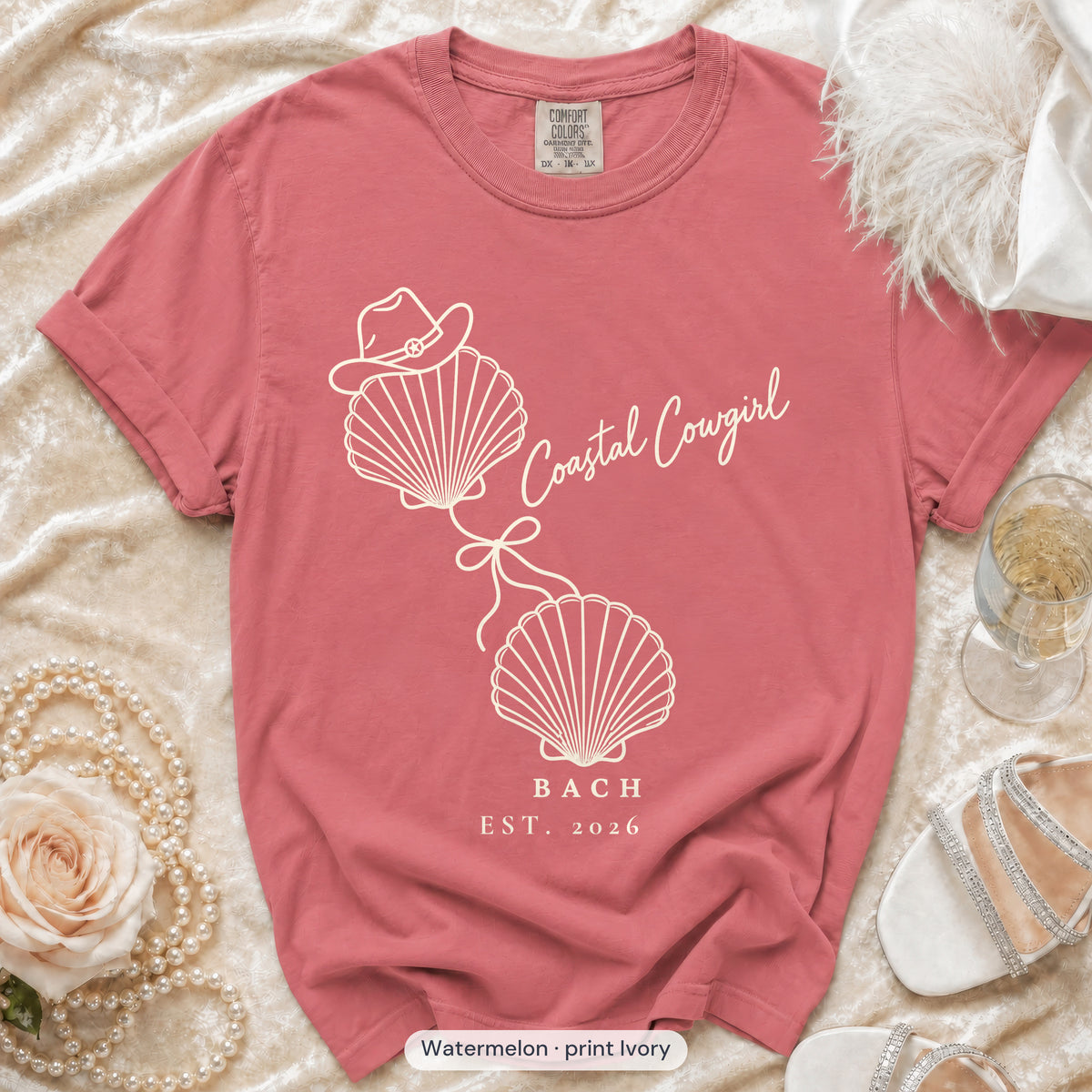 Watermelon Coastal Cowgirl bachelorette crew t-shirt, print in ivory