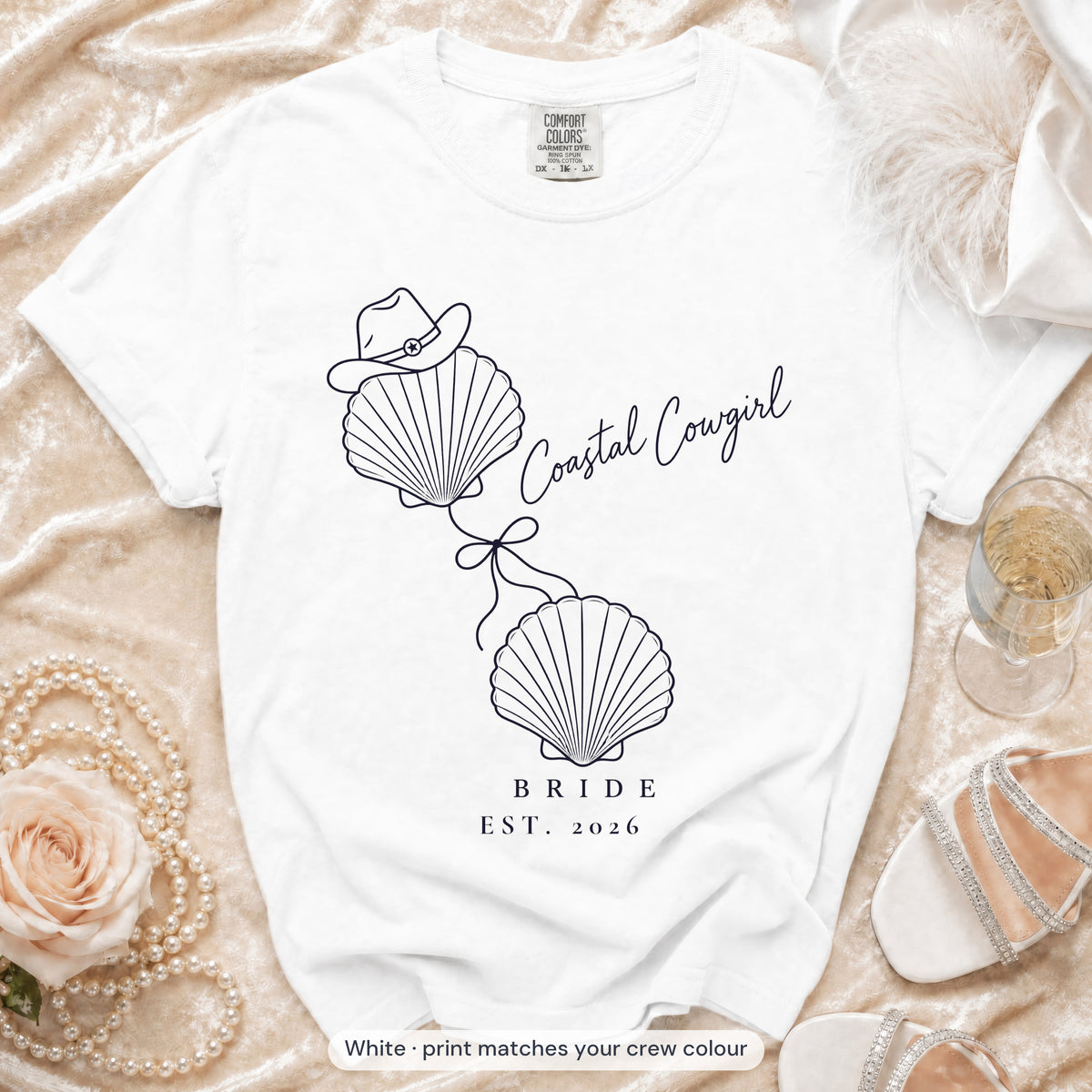 White Coastal Cowgirl bride t-shirt, print matches your crew colour