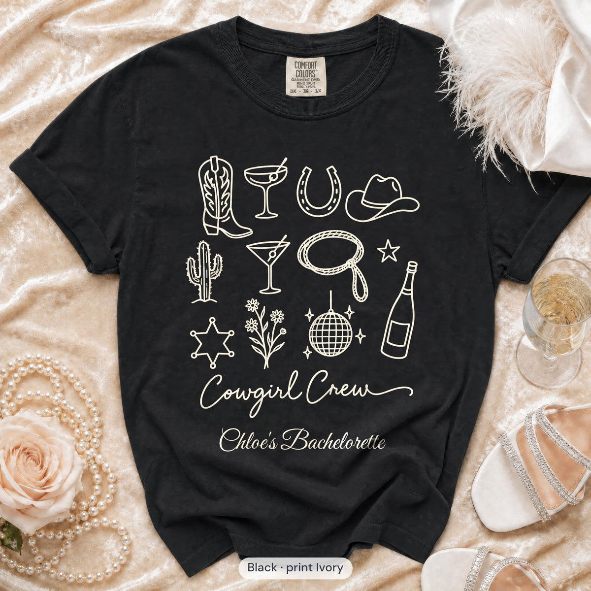 Black Cowgirl Bride & Cowgirl Crew bachelorette crew t-shirt, print in ivory