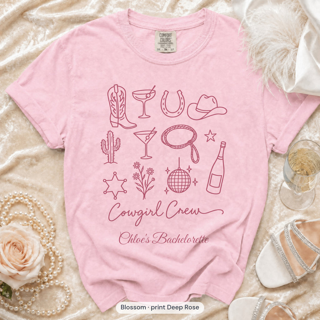 Blossom Cowgirl Bride & Cowgirl Crew bachelorette crew t-shirt, print in deep rose