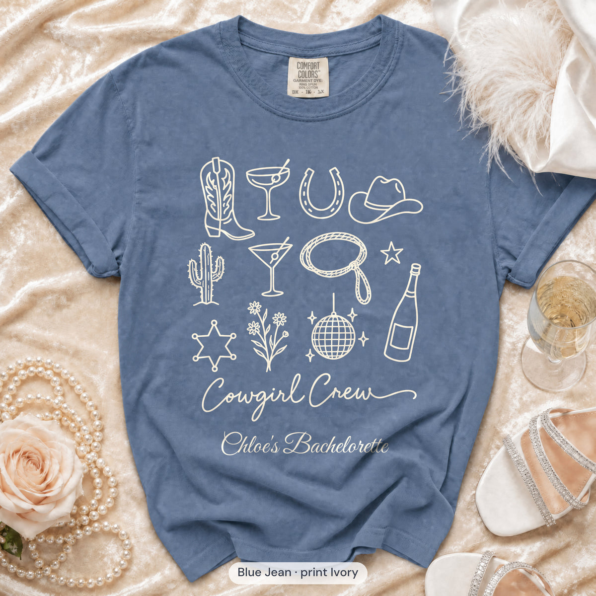 Blue Jean Cowgirl Bride & Cowgirl Crew bachelorette crew t-shirt, print in ivory