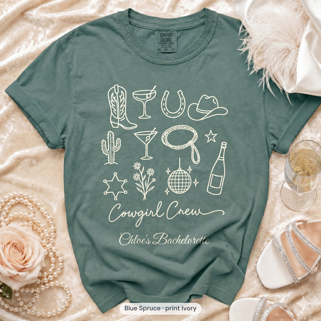 Blue Spruce Cowgirl Bride & Cowgirl Crew bachelorette crew t-shirt, print in ivory