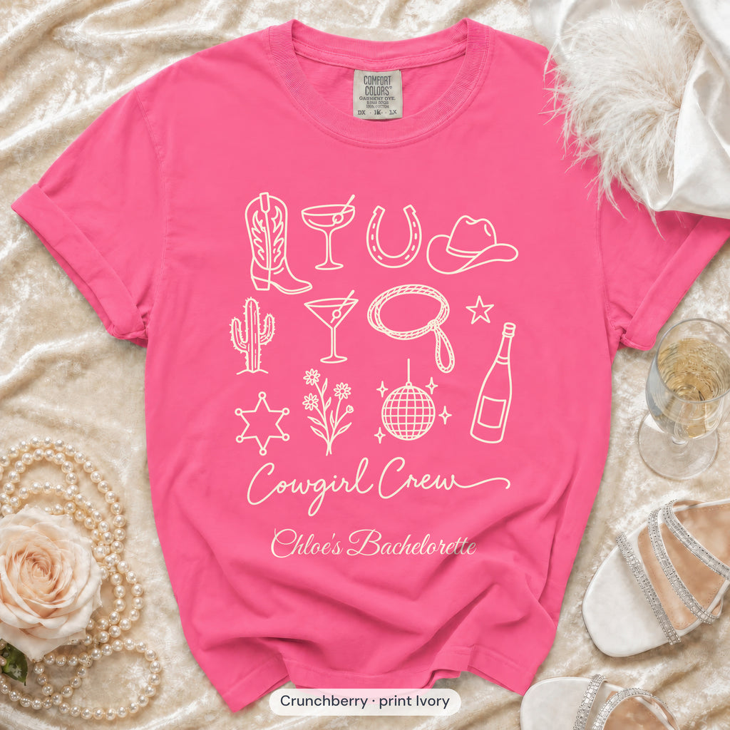 Crunchberry Cowgirl Bride & Cowgirl Crew bachelorette crew t-shirt, print in ivory