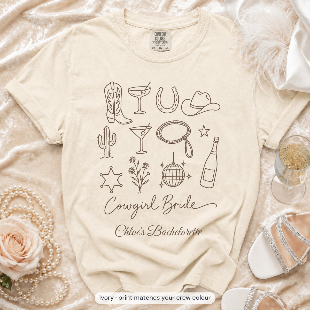 Ivory Cowgirl Bride & Cowgirl Crew bride t-shirt, print matches your crew colour