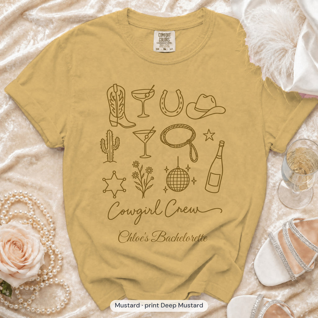 Mustard Cowgirl Bride & Cowgirl Crew bachelorette crew t-shirt, print in deep mustard