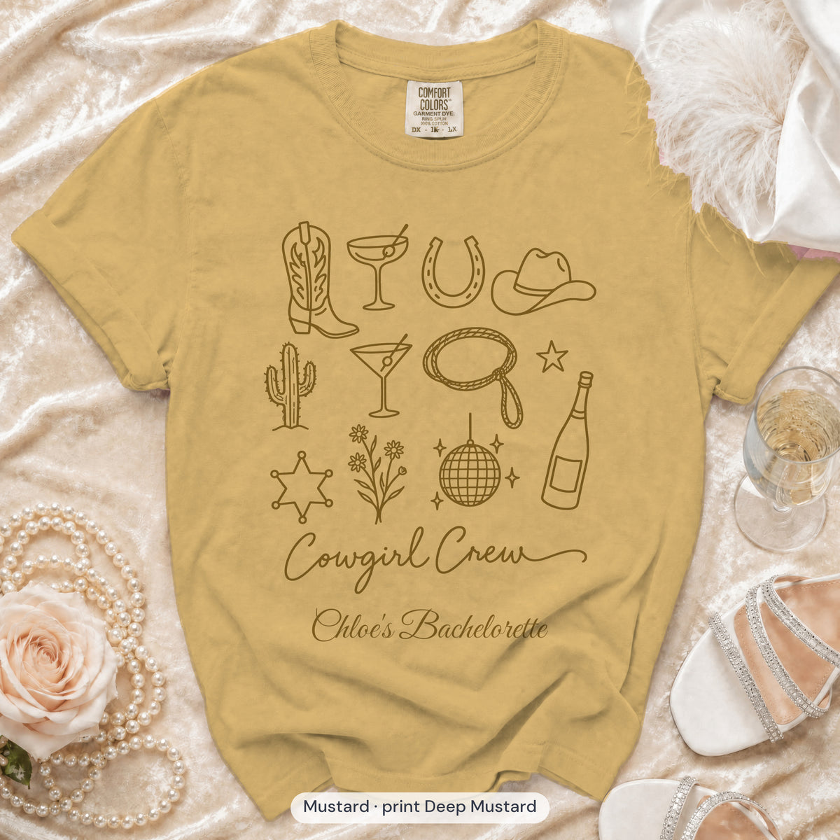 Mustard Cowgirl Bride & Cowgirl Crew bachelorette crew t-shirt, print in deep mustard