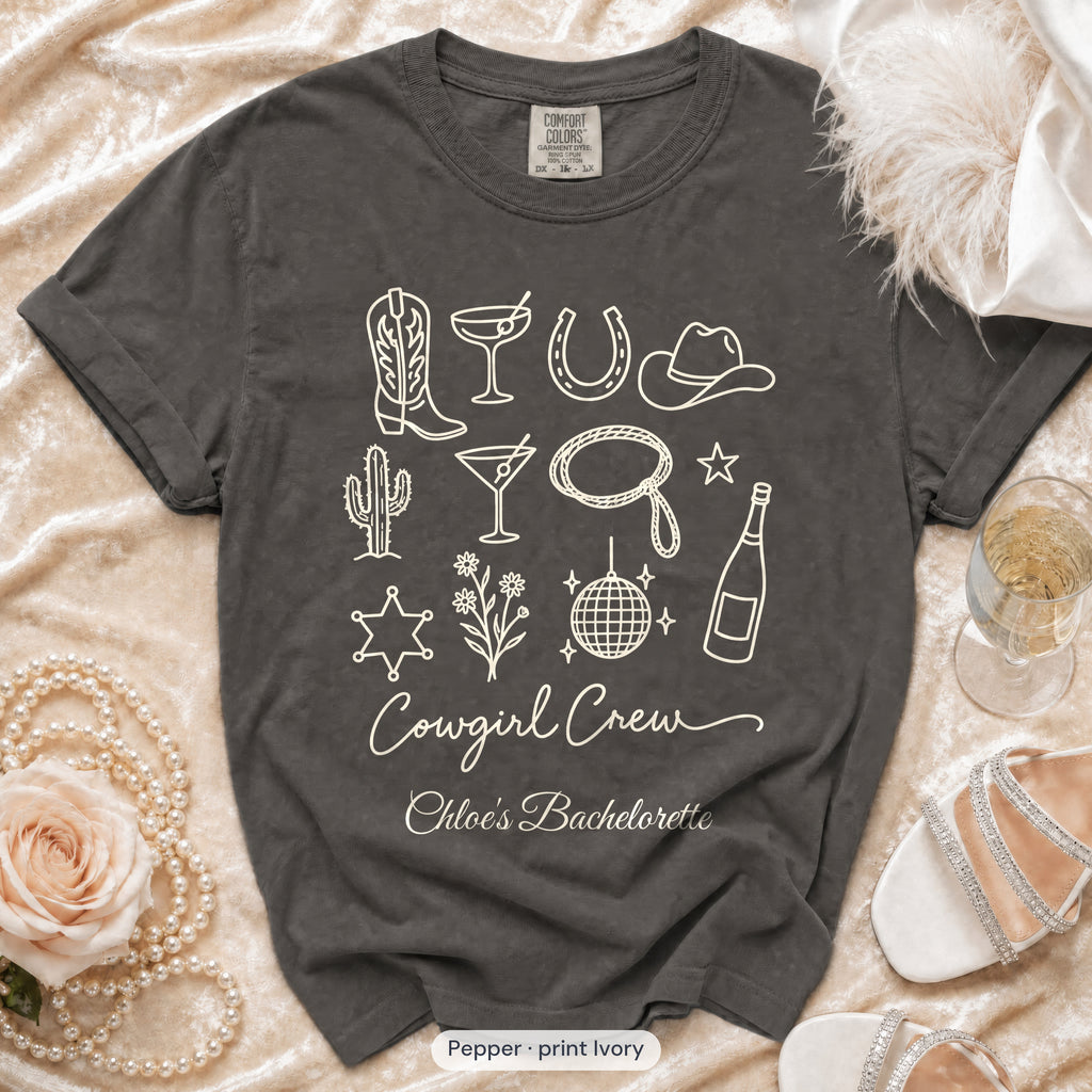 Pepper Cowgirl Bride & Cowgirl Crew bachelorette crew t-shirt, print in ivory