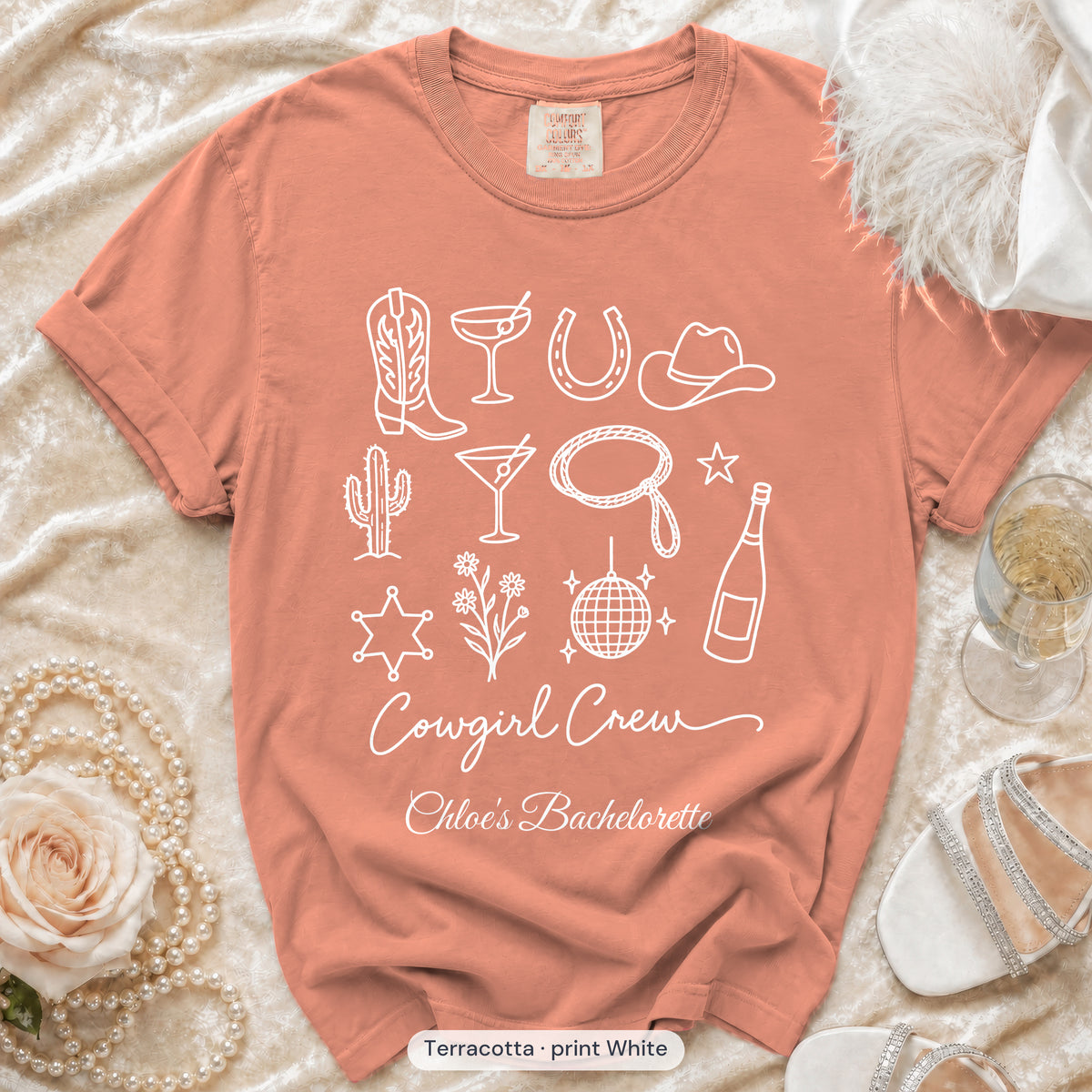Terracotta Cowgirl Bride & Cowgirl Crew bachelorette crew t-shirt, print in white