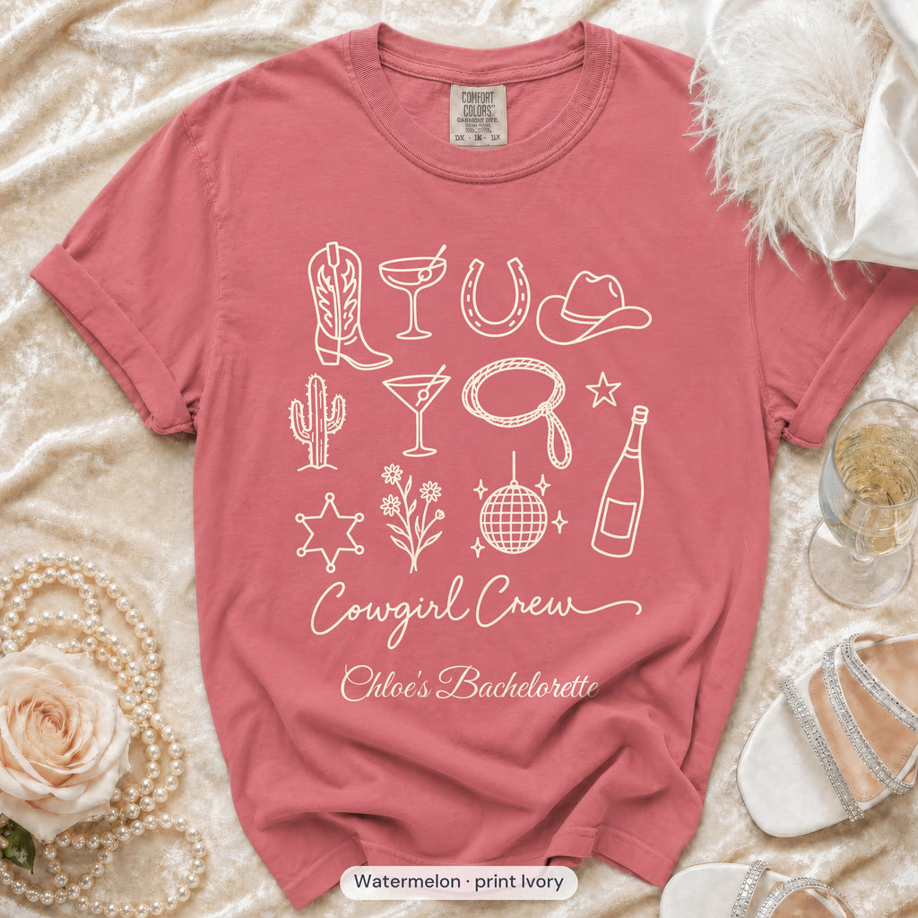 Watermelon Cowgirl Bride & Cowgirl Crew bachelorette crew t-shirt, print in ivory