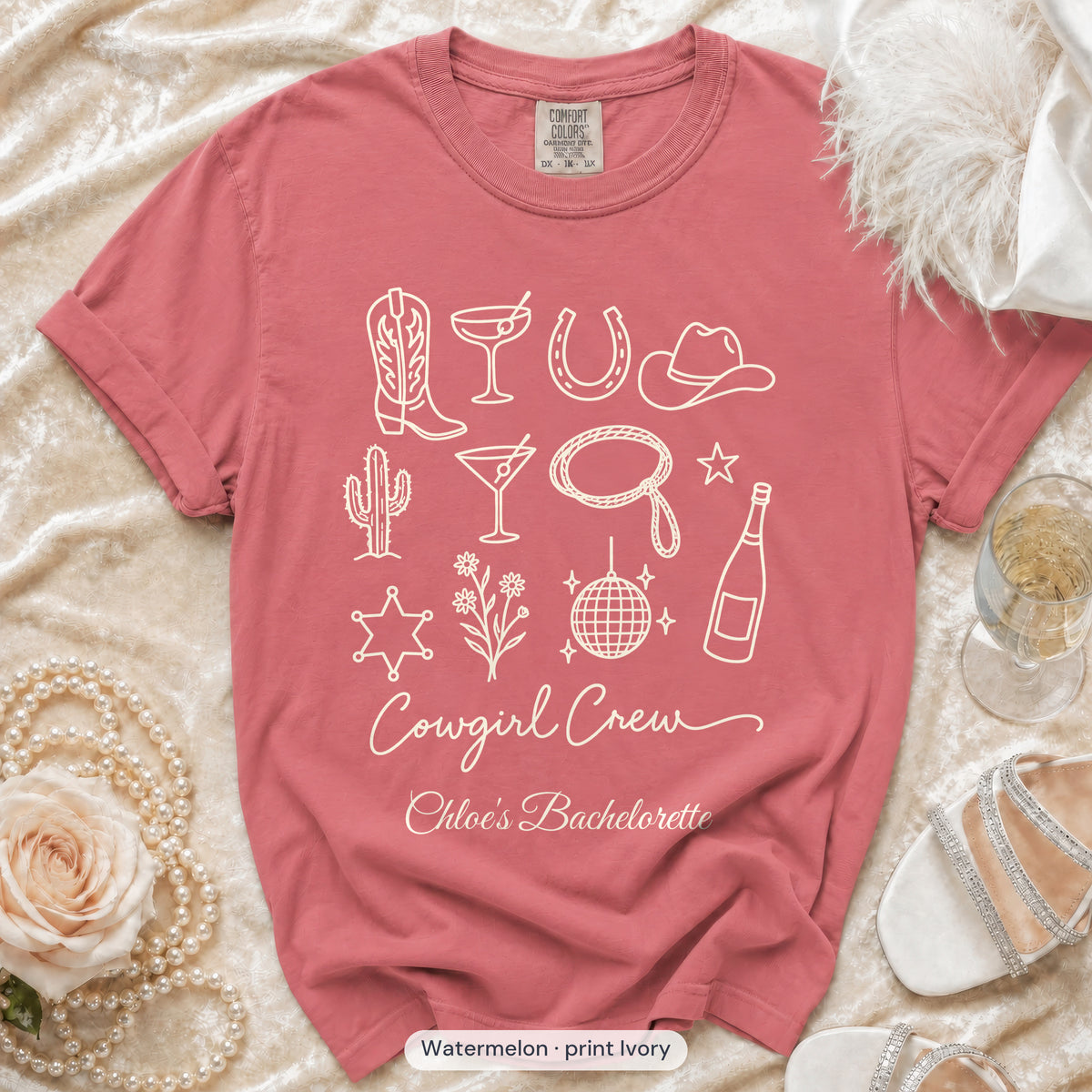 Watermelon Cowgirl Bride & Cowgirl Crew bachelorette crew t-shirt, print in ivory