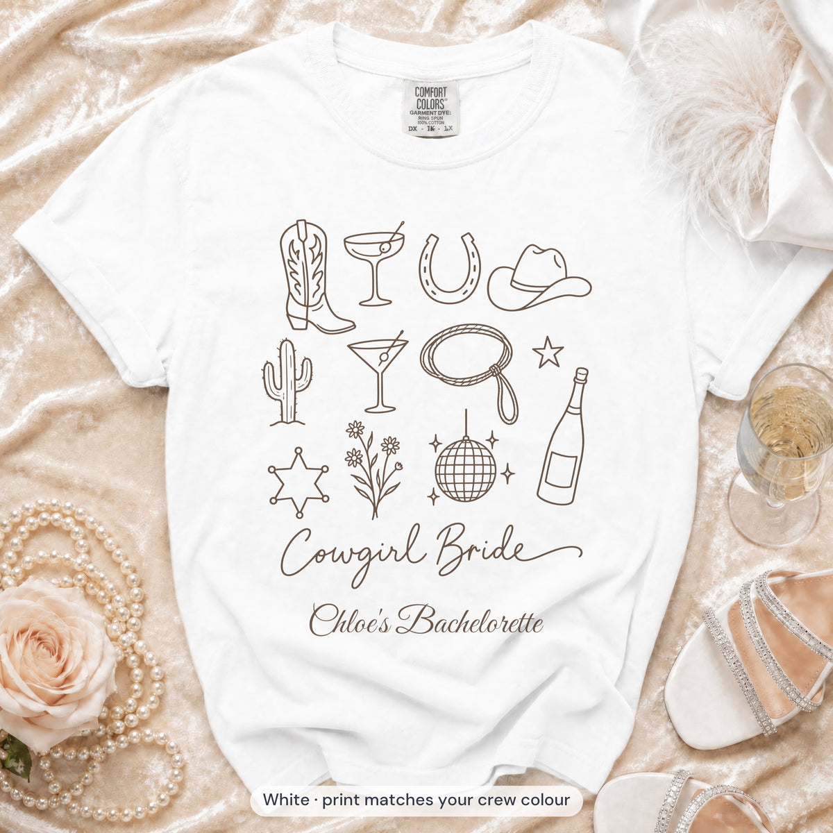 White Cowgirl Bride & Cowgirl Crew bride t-shirt, print matches your crew colour