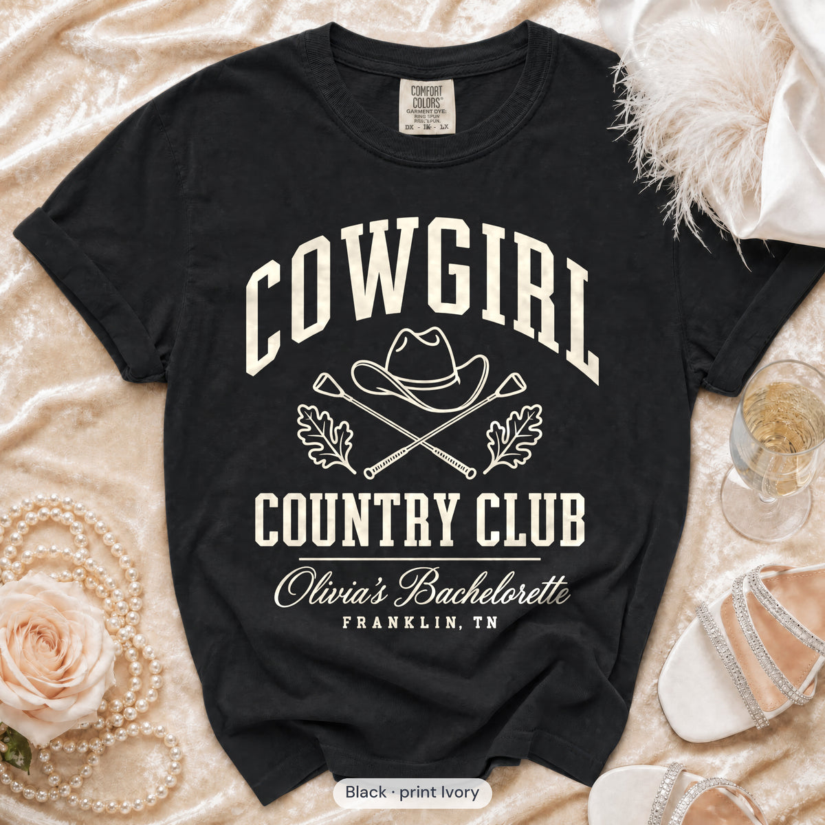 Black Cowgirl Country Club bachelorette crew t-shirt, print in ivory