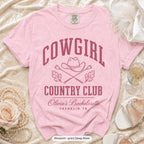 Blossom Cowgirl Country Club bachelorette crew t-shirt, print in deep rose
