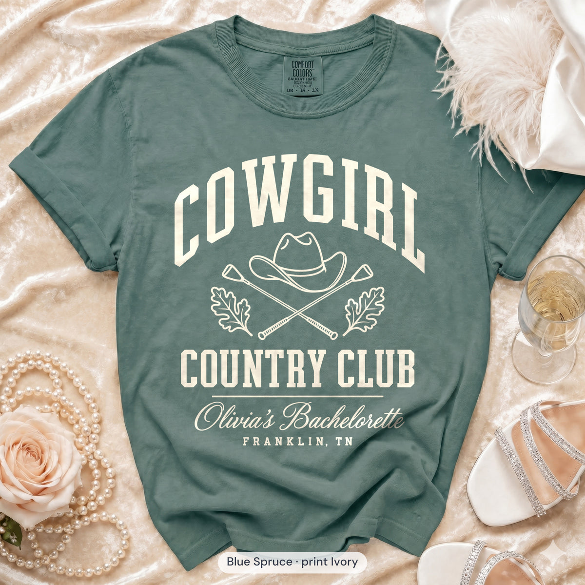 Blue Spruce Cowgirl Country Club bachelorette crew t-shirt, print in ivory