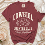 Chili Cowgirl Country Club bachelorette crew t-shirt, print in ivory