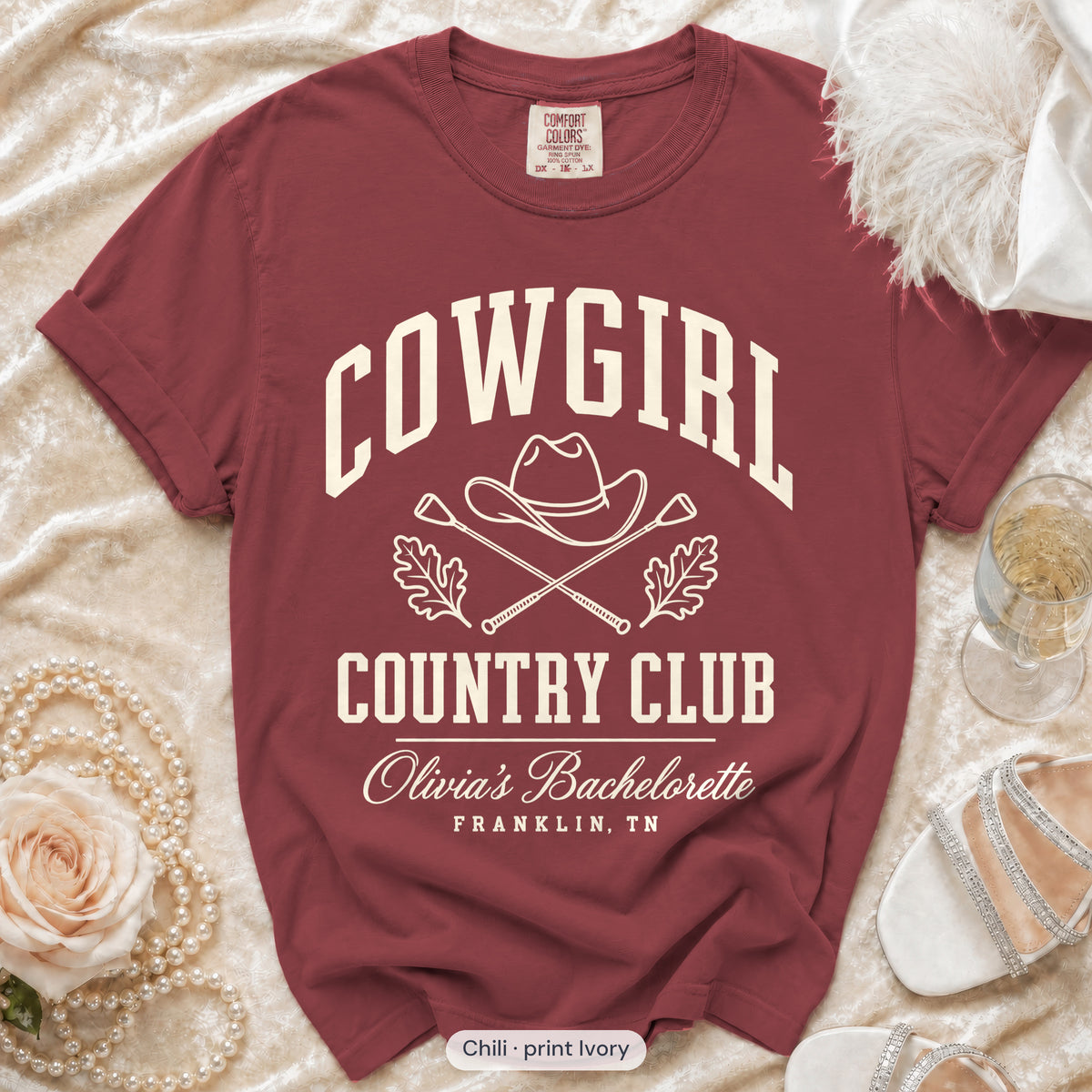 Chili Cowgirl Country Club bachelorette crew t-shirt, print in ivory