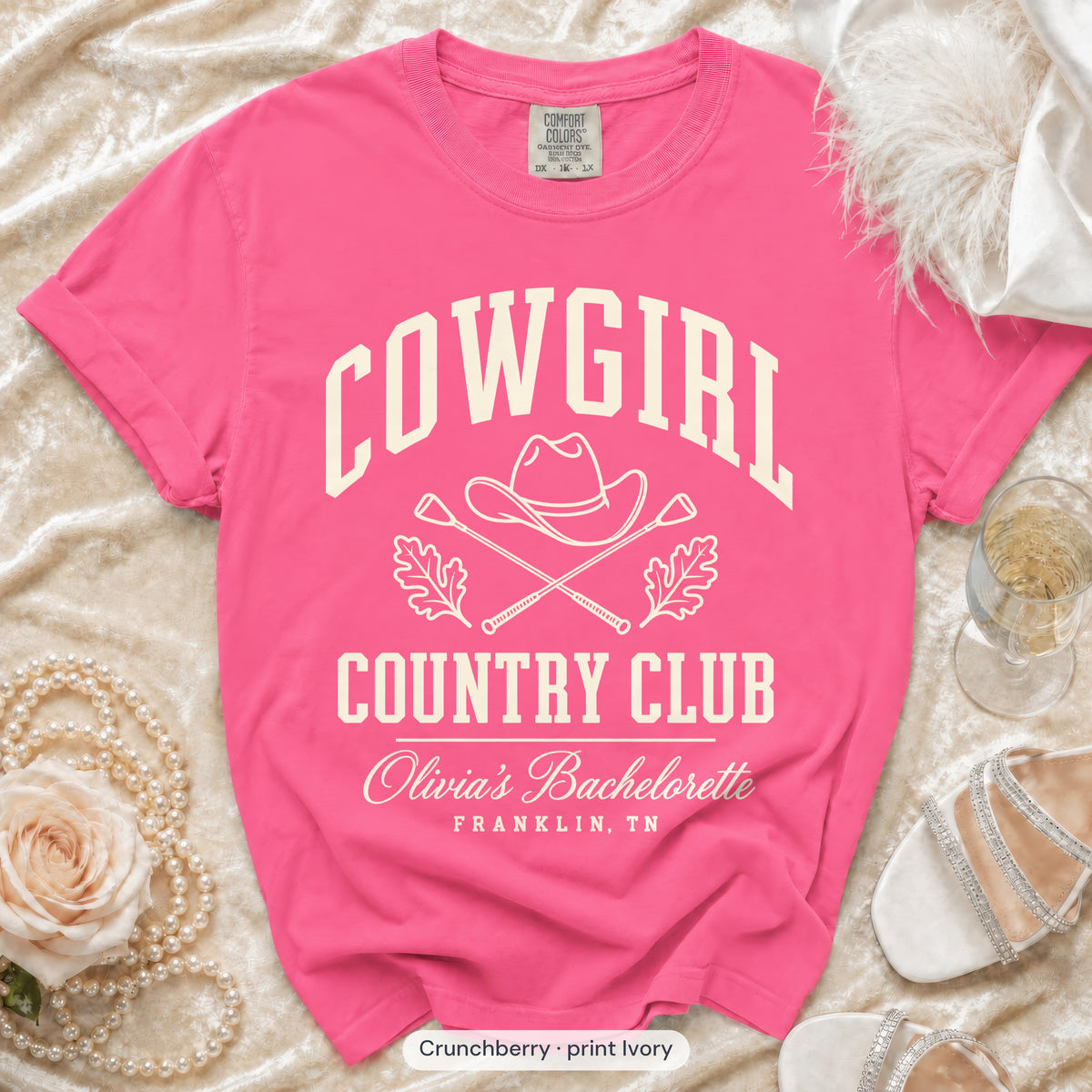 Crunchberry Cowgirl Country Club bachelorette crew t-shirt, print in ivory