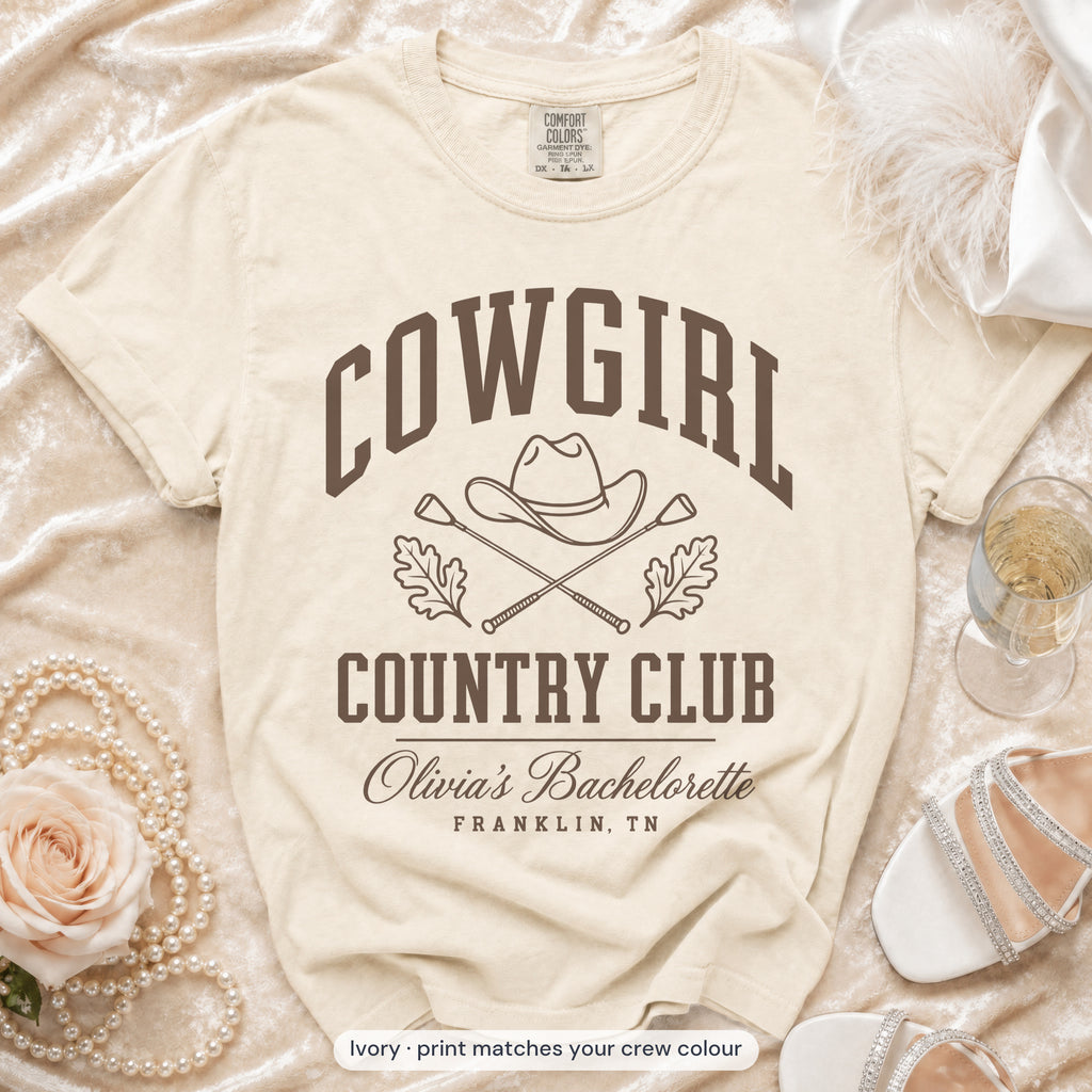 Ivory Cowgirl Country Club bride t-shirt, print matches your crew colour