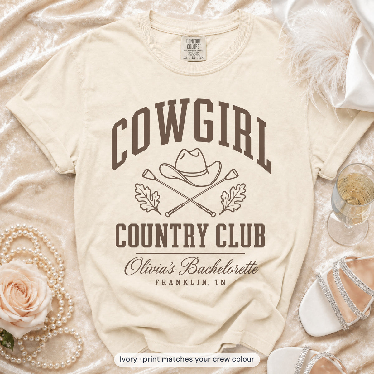 Ivory Cowgirl Country Club bride t-shirt, print matches your crew colour