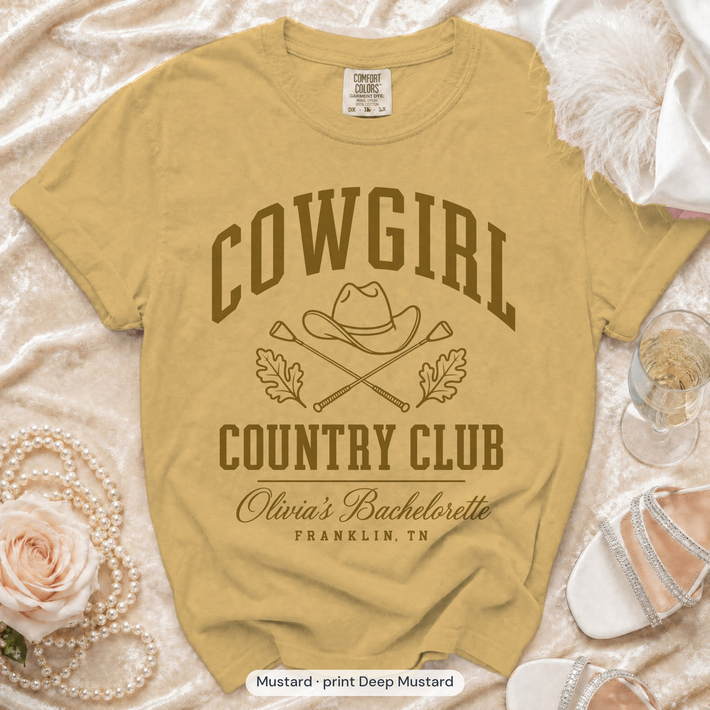 Mustard Cowgirl Country Club bachelorette crew t-shirt, print in deep mustard