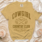 Mustard Cowgirl Country Club bachelorette crew t-shirt, print in deep mustard