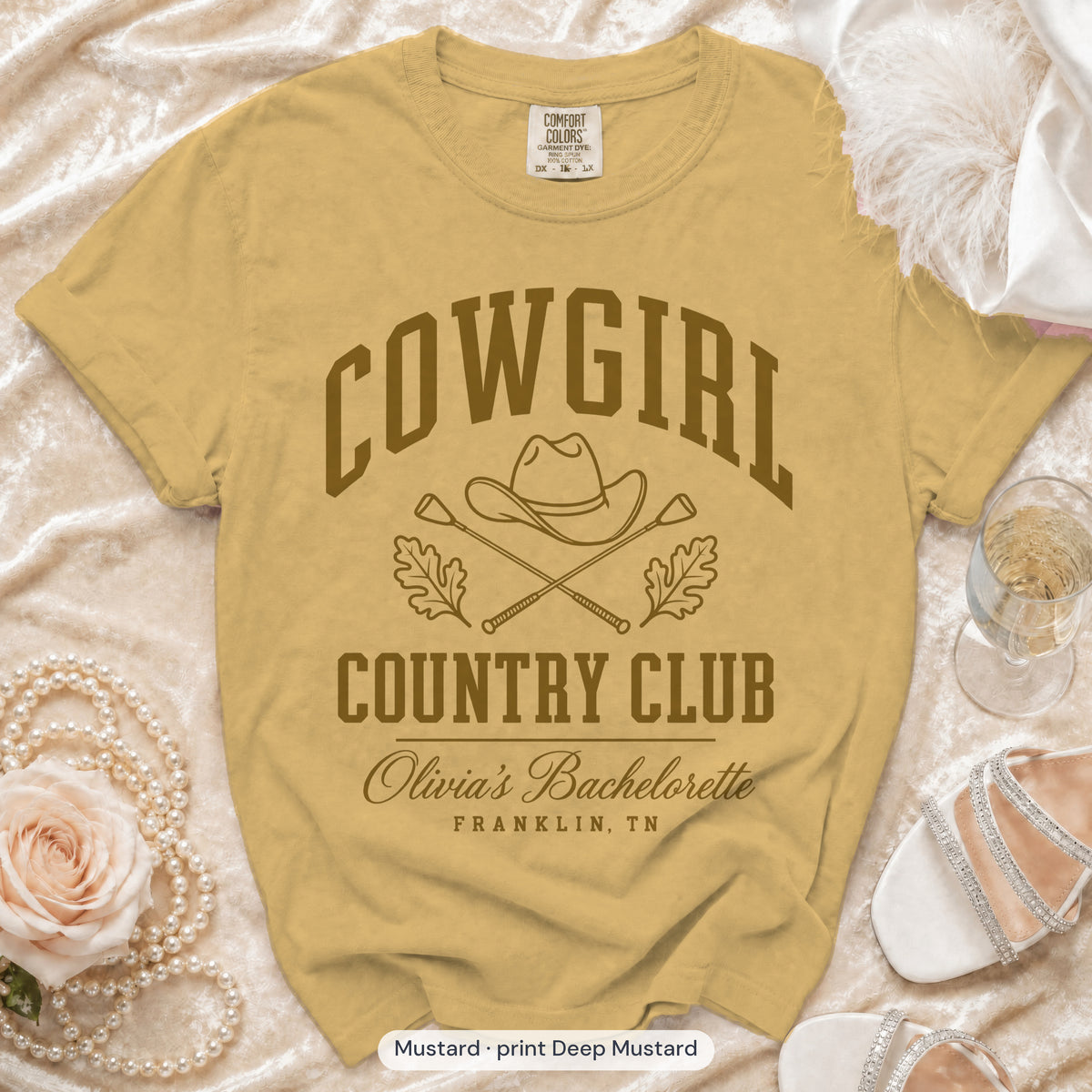 Mustard Cowgirl Country Club bachelorette crew t-shirt, print in deep mustard